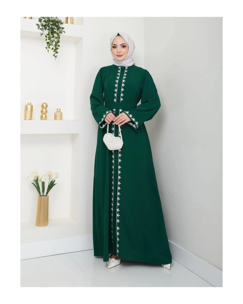 NAKIŞLI ABAYA TESETTÜR GIYIM KADIN FERACE ELBISE ZÜMRÜT