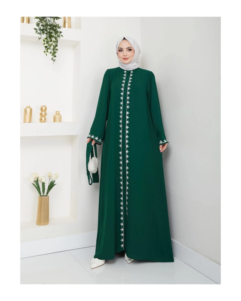 NAKIŞLI ABAYA TESETTÜR GIYIM KADIN FERACE ELBISE ZÜMRÜT