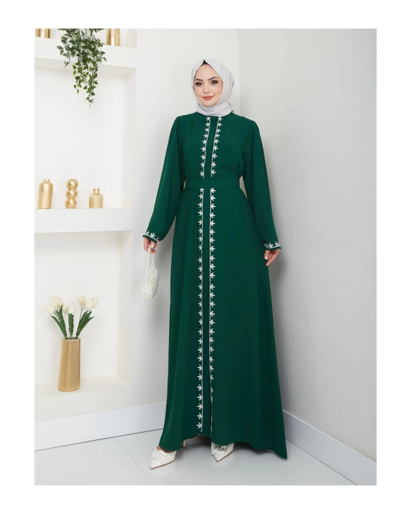 NAKIŞLI ABAYA TESETTÜR GIYIM KADIN FERACE ELBISE ZÜMRÜT