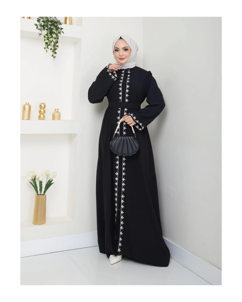 NAKIŞLI ABAYA TESETTÜR GIYIM KADIN FERACE ELBISE SİYAH