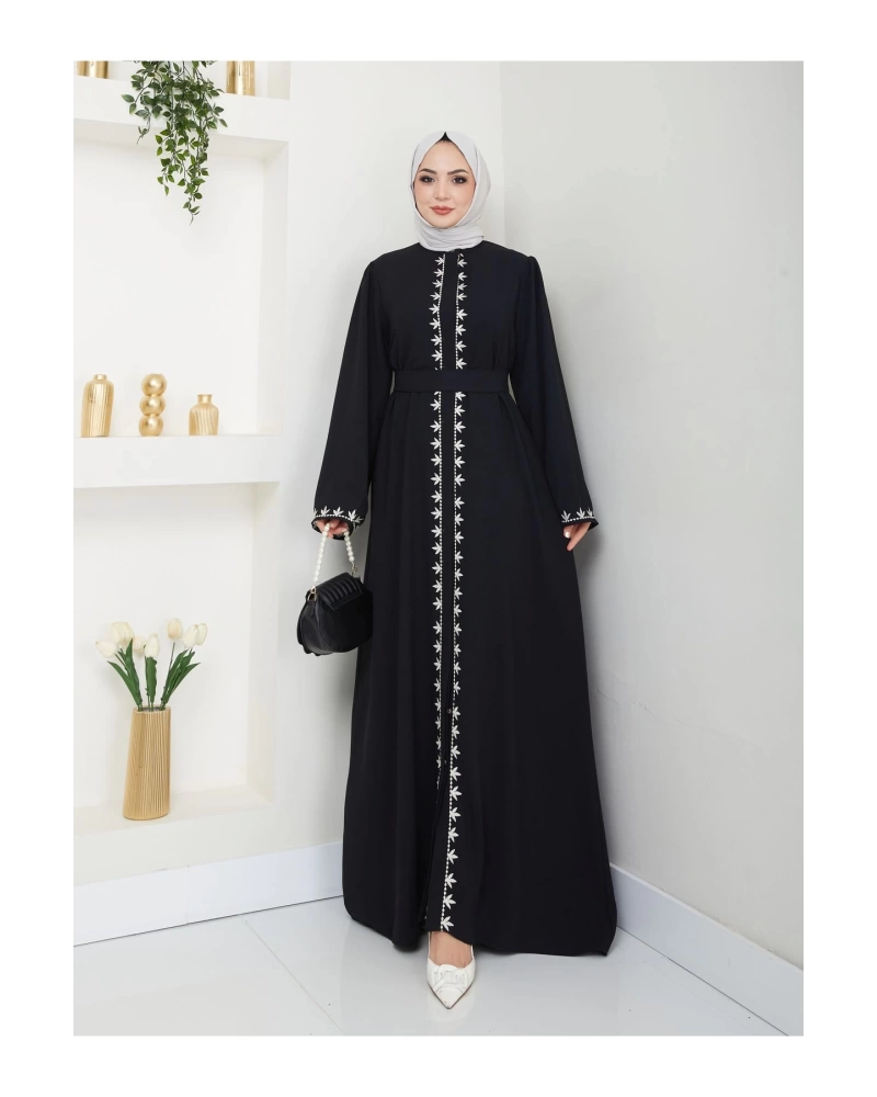 NAKIŞLI ABAYA TESETTÜR GIYIM KADIN FERACE ELBISE SİYAH