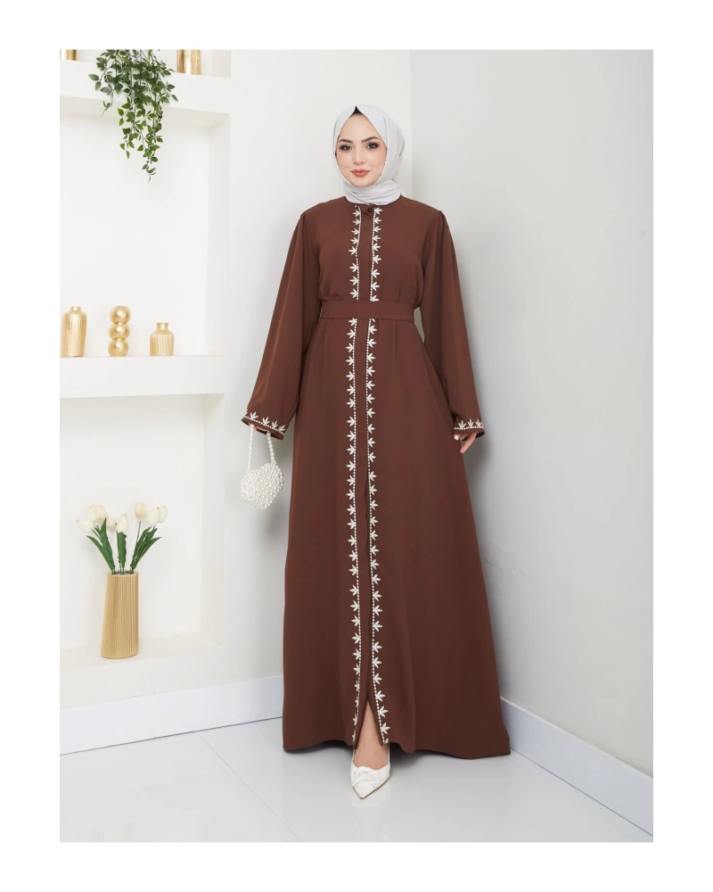 NAKIŞLI ABAYA TESETTÜR GIYIM KADIN FERACE ELBISE KAHVE