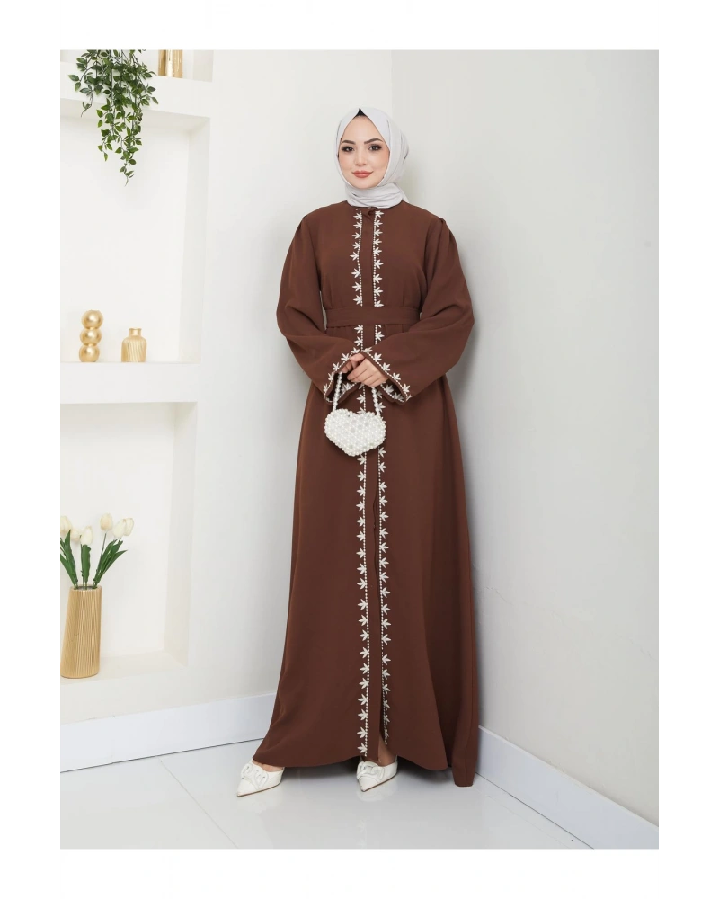 NAKIŞLI ABAYA TESETTÜR GIYIM KADIN FERACE ELBISE KAHVE