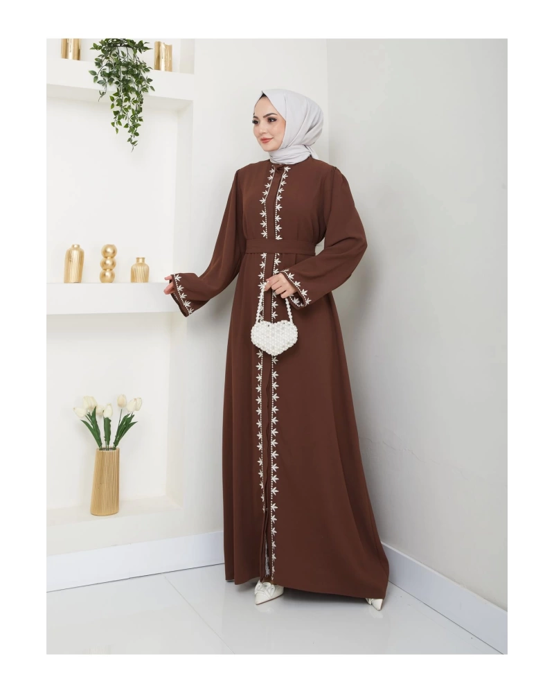 NAKIŞLI ABAYA TESETTÜR GIYIM KADIN FERACE ELBISE KAHVE