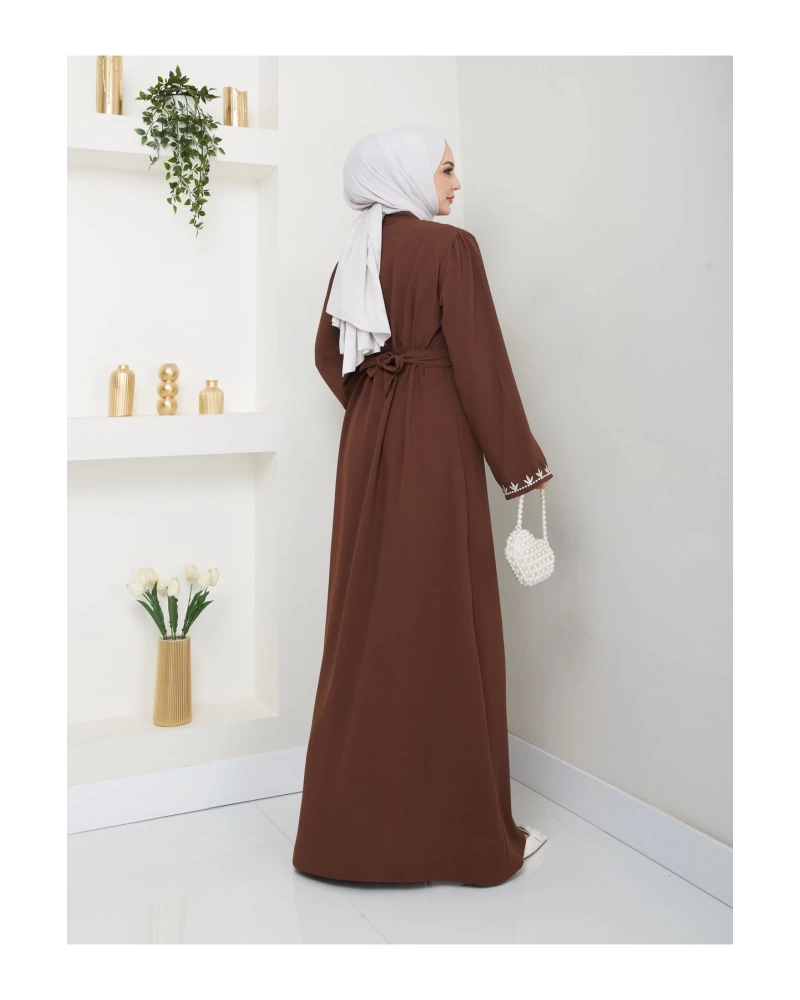 NAKIŞLI ABAYA TESETTÜR GIYIM KADIN FERACE ELBISE KAHVE