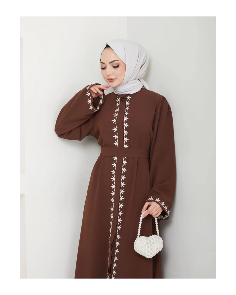 NAKIŞLI ABAYA TESETTÜR GIYIM KADIN FERACE ELBISE KAHVE