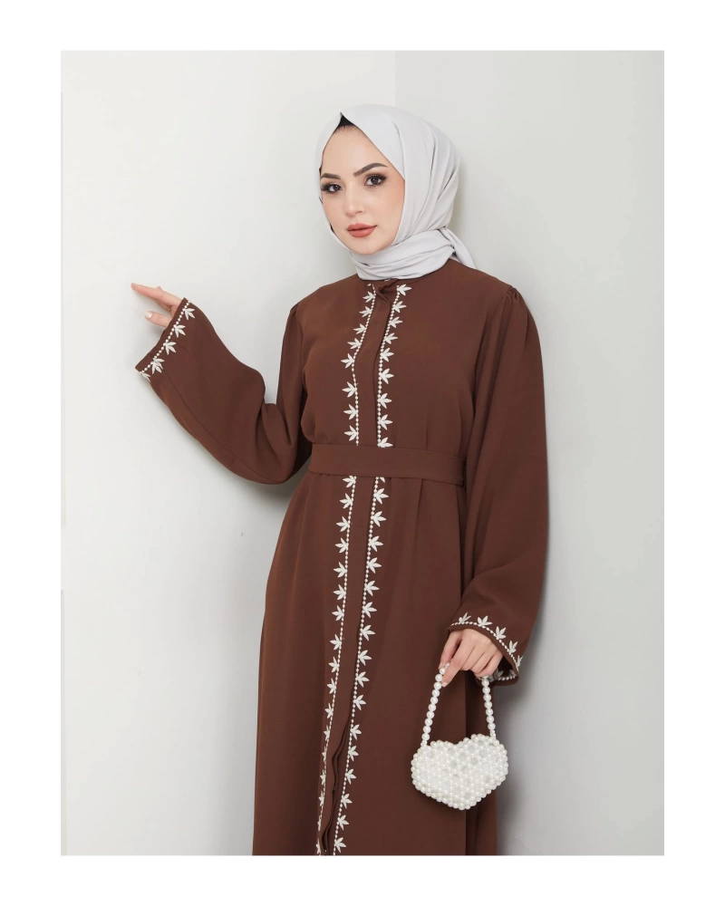 NAKIŞLI ABAYA TESETTÜR GIYIM KADIN FERACE ELBISE KAHVE