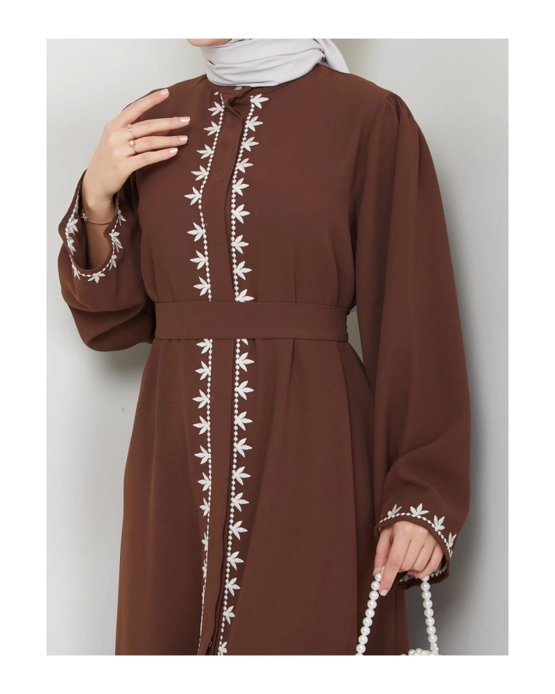 NAKIŞLI ABAYA TESETTÜR GIYIM KADIN FERACE ELBISE KAHVE