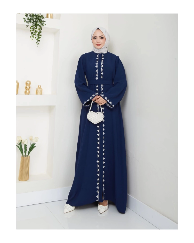NAKIŞLI ABAYA TESETTÜR GIYIM KADIN FERACE ELBISE LACIVERT