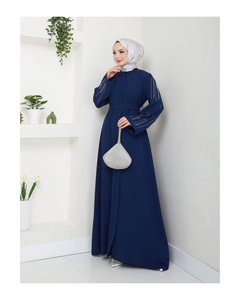 NAKIŞLI ABAYA TESETTÜR GIYIM KADIN FERACE ELBISE LACİVERT