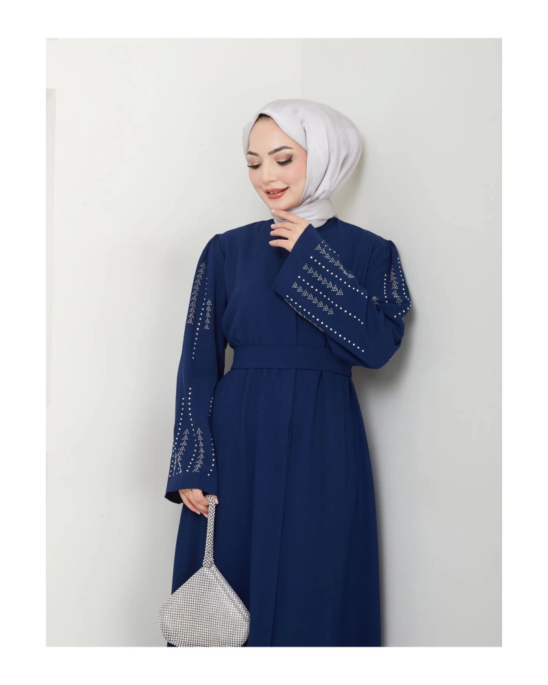 NAKIŞLI ABAYA TESETTÜR GIYIM KADIN FERACE ELBISE LACİVERT