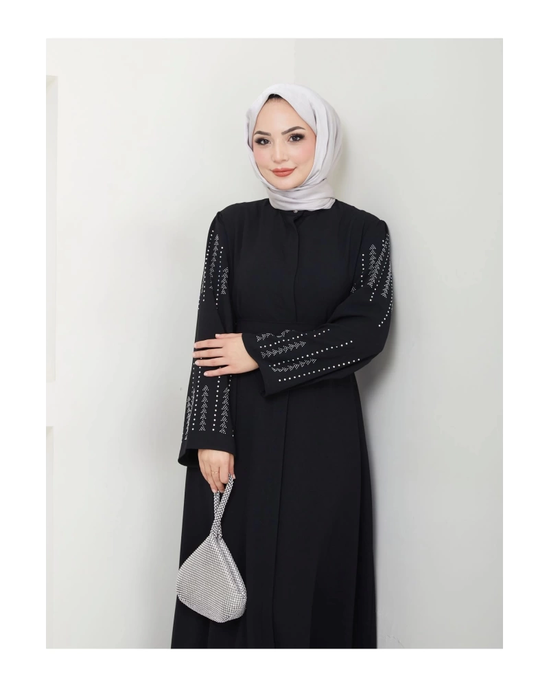 NAKIŞLI ABAYA TESETTÜR GIYIM KADIN FERACE ELBISE SİYAH