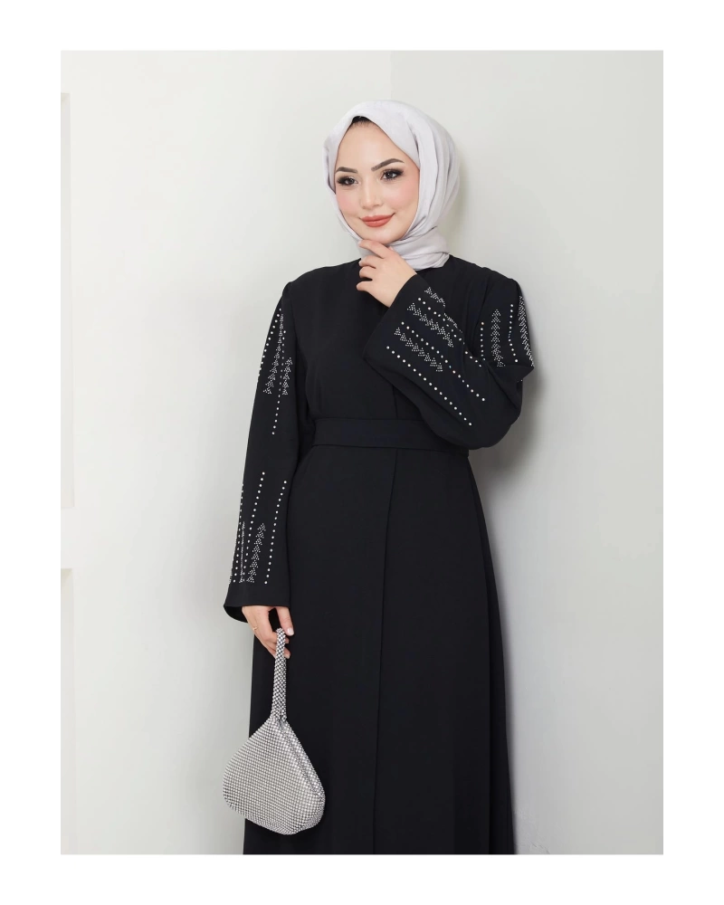 NAKIŞLI ABAYA TESETTÜR GIYIM KADIN FERACE ELBISE SİYAH