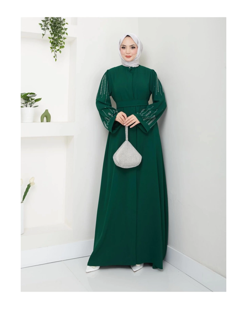 NAKIŞLI ABAYA TESETTÜR GIYIM KADIN FERACE ELBISE ZÜMRÜT