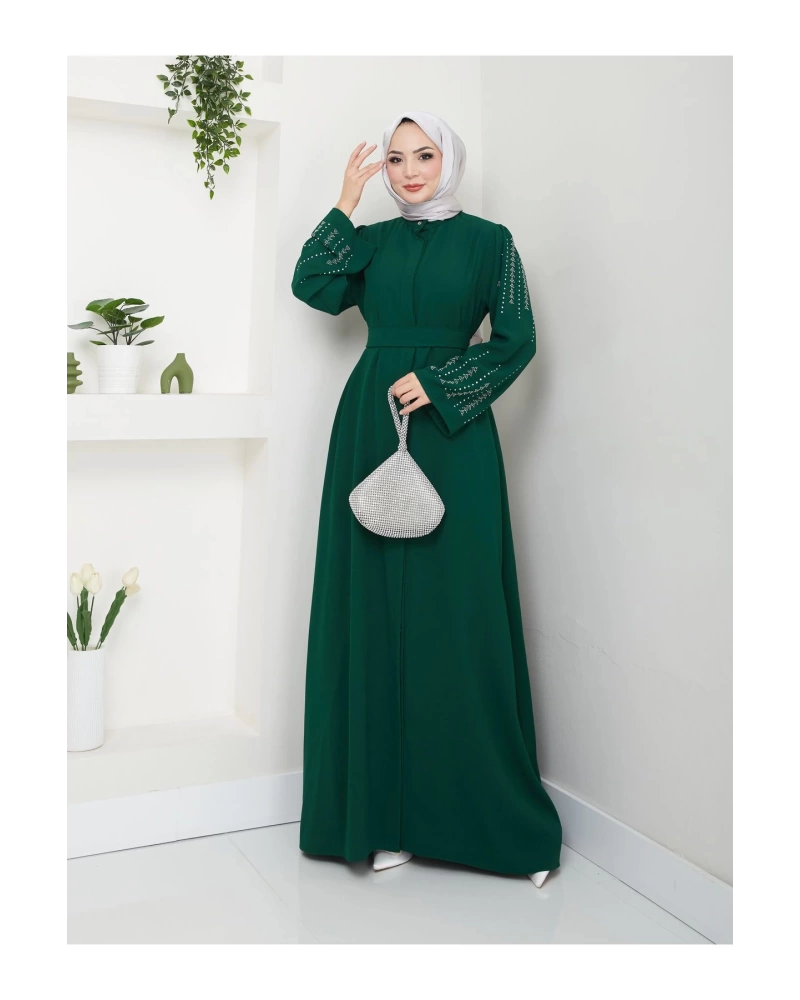 NAKIŞLI ABAYA TESETTÜR GIYIM KADIN FERACE ELBISE ZÜMRÜT