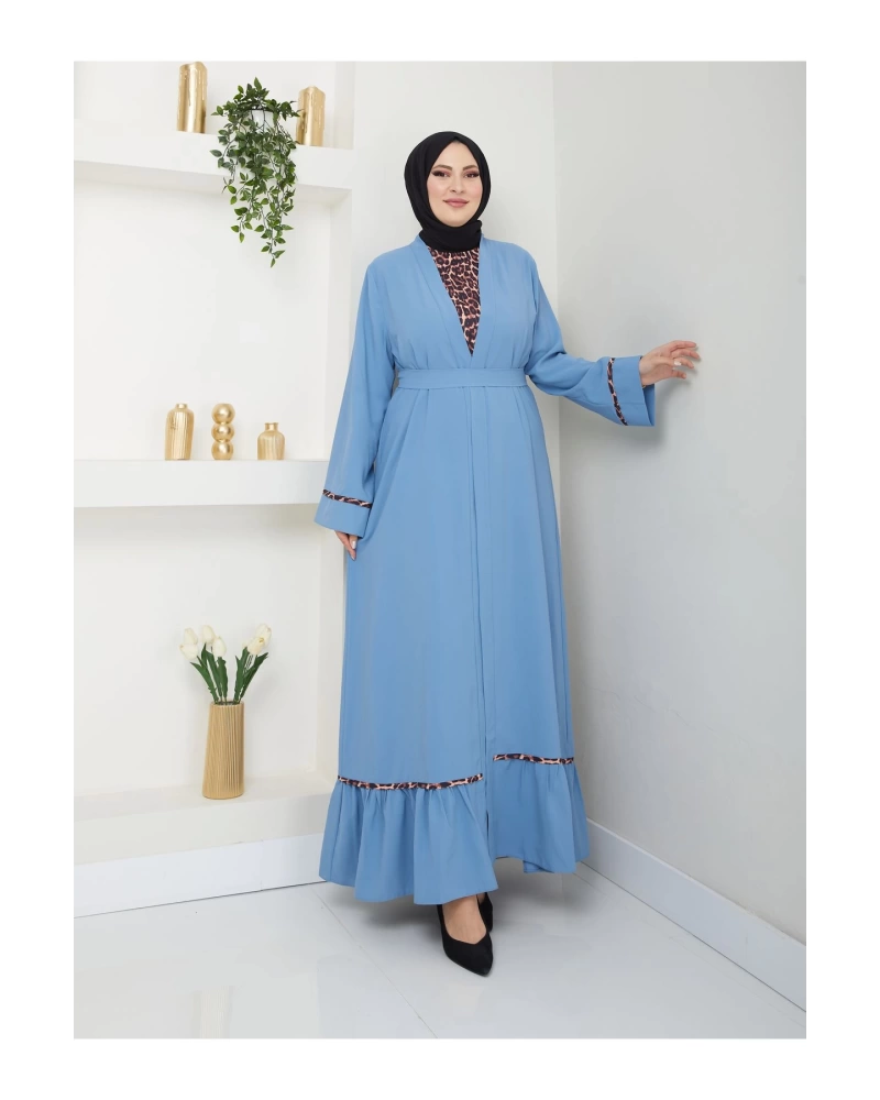 KADIN TESETTÜR LEOPAR ELBİSE İKİLİ ABAYA TAKIM MAVİ
