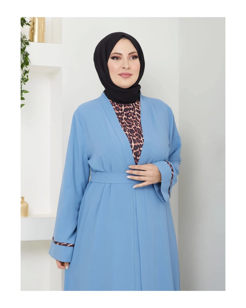 KADIN TESETTÜR LEOPAR ELBİSE İKİLİ ABAYA TAKIM MAVİ