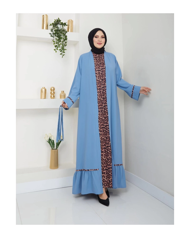 KADIN TESETTÜR LEOPAR ELBİSE İKİLİ ABAYA TAKIM MAVİ