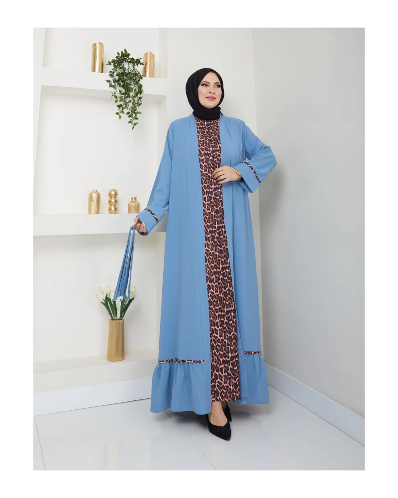 KADIN TESETTÜR LEOPAR ELBİSE İKİLİ ABAYA TAKIM MAVİ