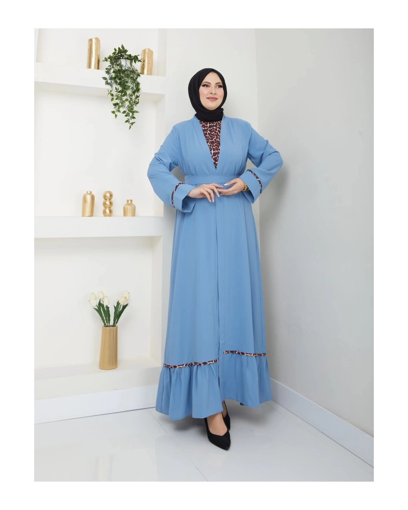 KADIN TESETTÜR LEOPAR ELBİSE İKİLİ ABAYA TAKIM MAVİ