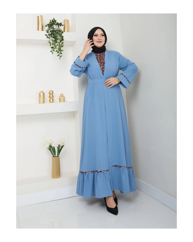 KADIN TESETTÜR LEOPAR ELBİSE İKİLİ ABAYA TAKIM MAVİ