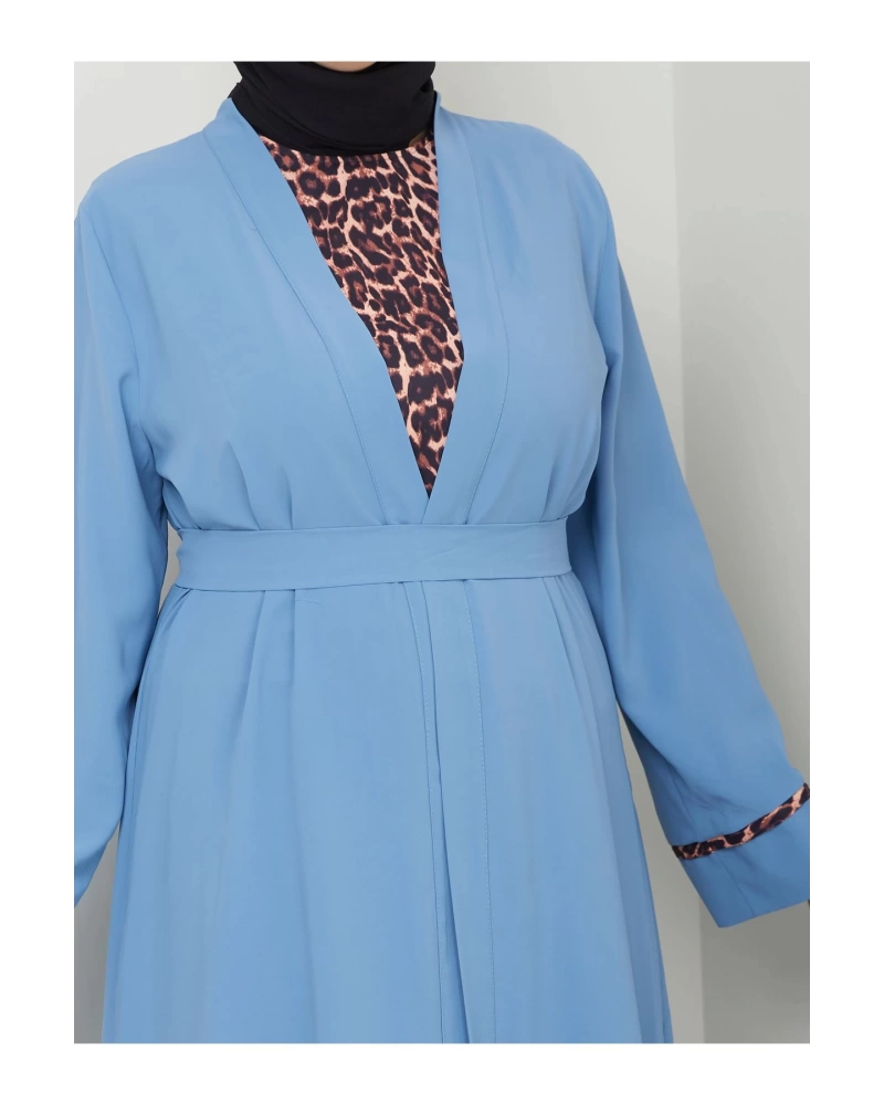 KADIN TESETTÜR LEOPAR ELBİSE İKİLİ ABAYA TAKIM MAVİ