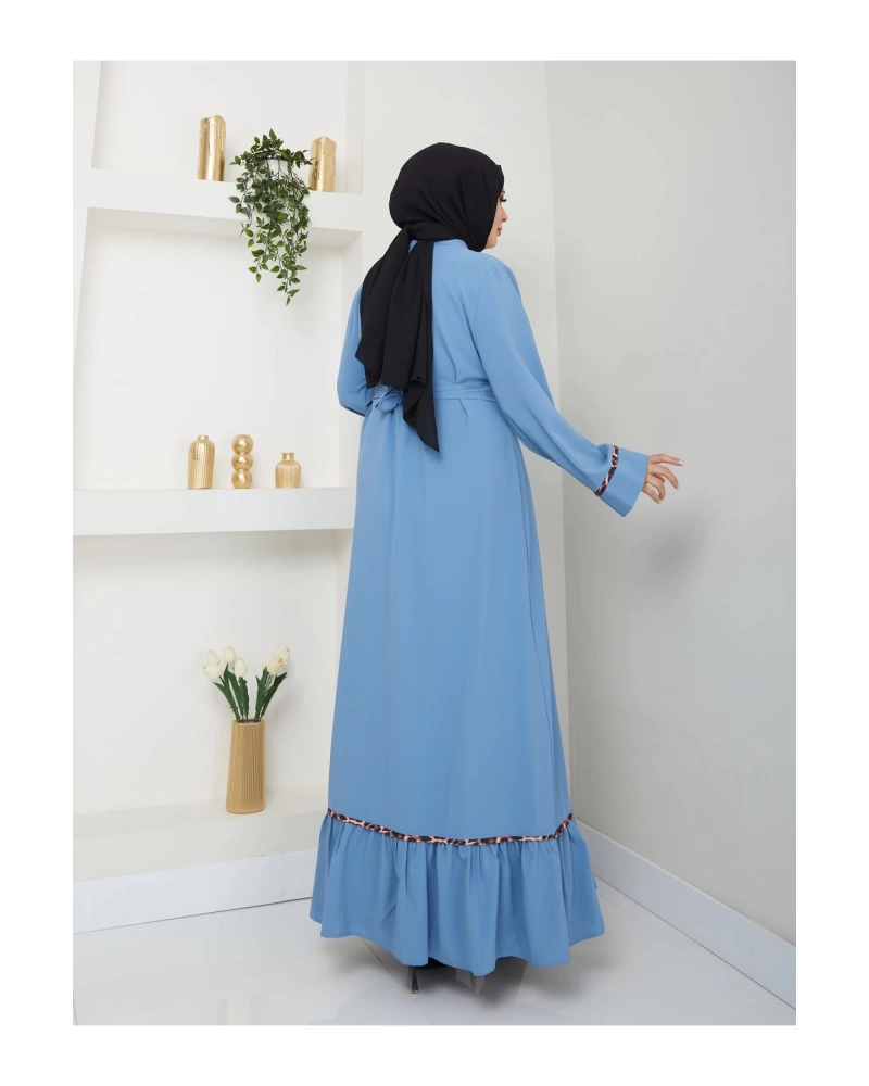 KADIN TESETTÜR LEOPAR ELBİSE İKİLİ ABAYA TAKIM MAVİ