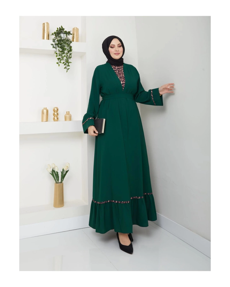 KADIN TESETTÜR LEOPAR ELBİSE İKİLİ ABAYA TAKIM ZÜMRÜT