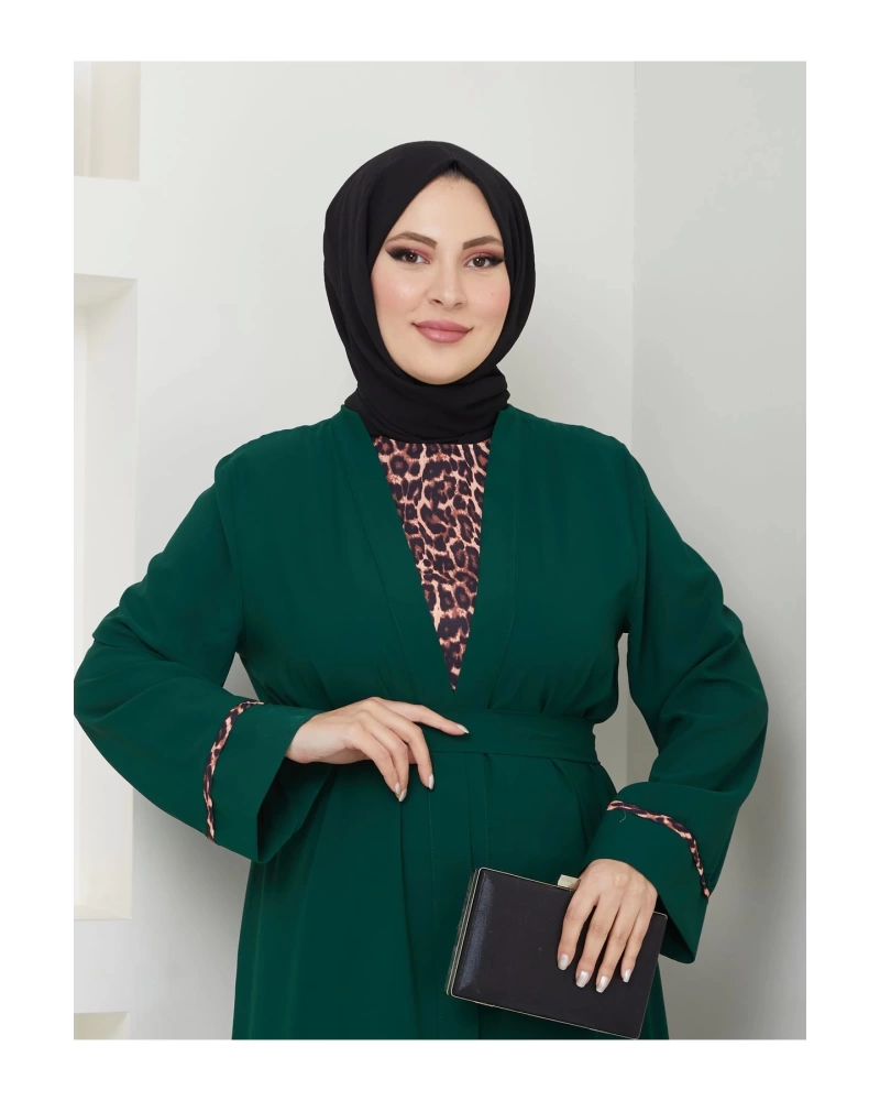 KADIN TESETTÜR LEOPAR ELBİSE İKİLİ ABAYA TAKIM ZÜMRÜT