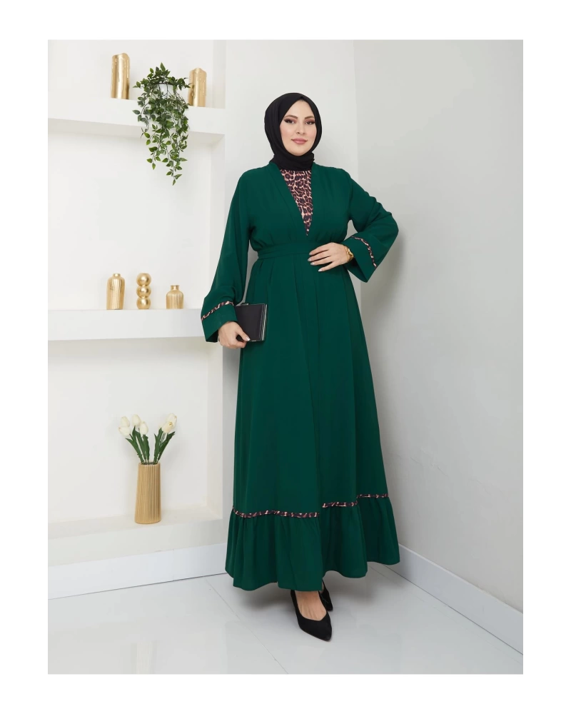 KADIN TESETTÜR LEOPAR ELBİSE İKİLİ ABAYA TAKIM ZÜMRÜT