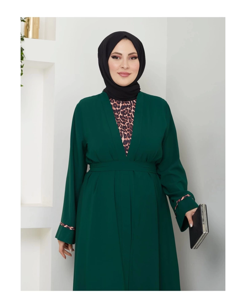 KADIN TESETTÜR LEOPAR ELBİSE İKİLİ ABAYA TAKIM ZÜMRÜT