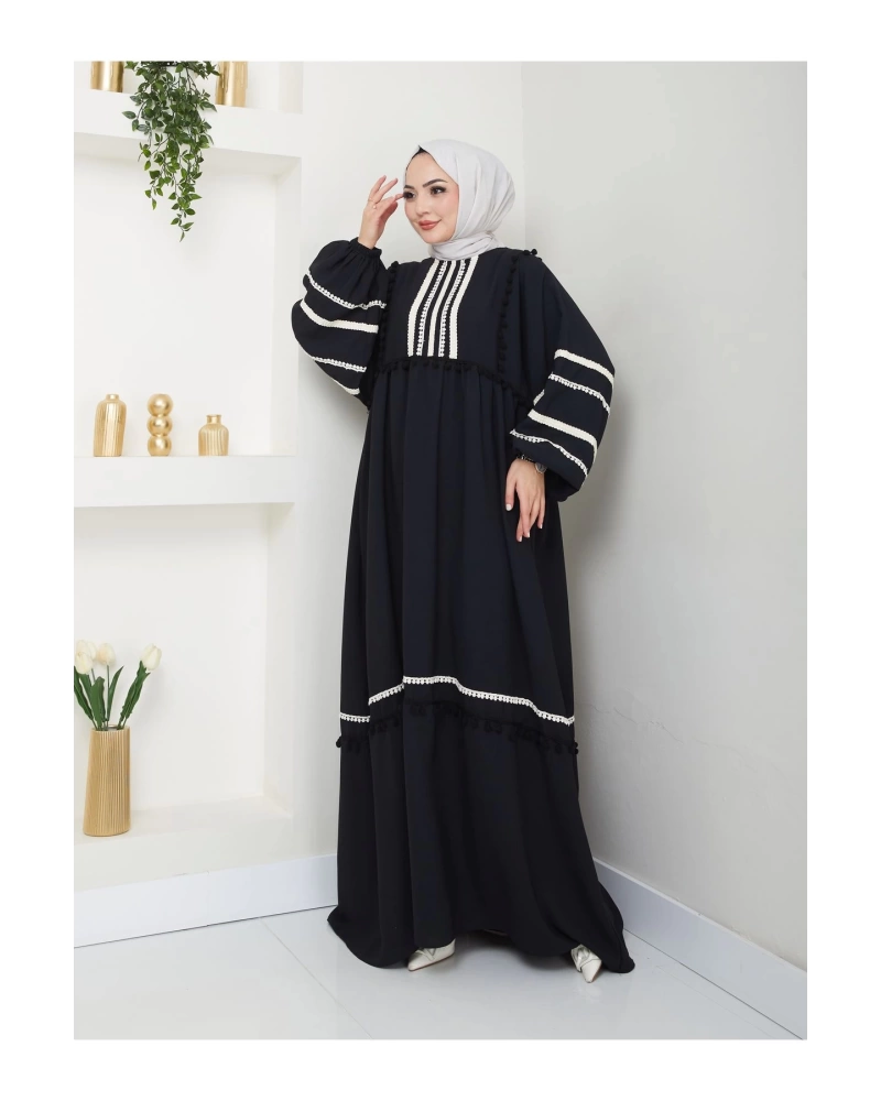 KADIN TESETTÜR DANTELLİ ŞERİT ELBİSE SİYAH