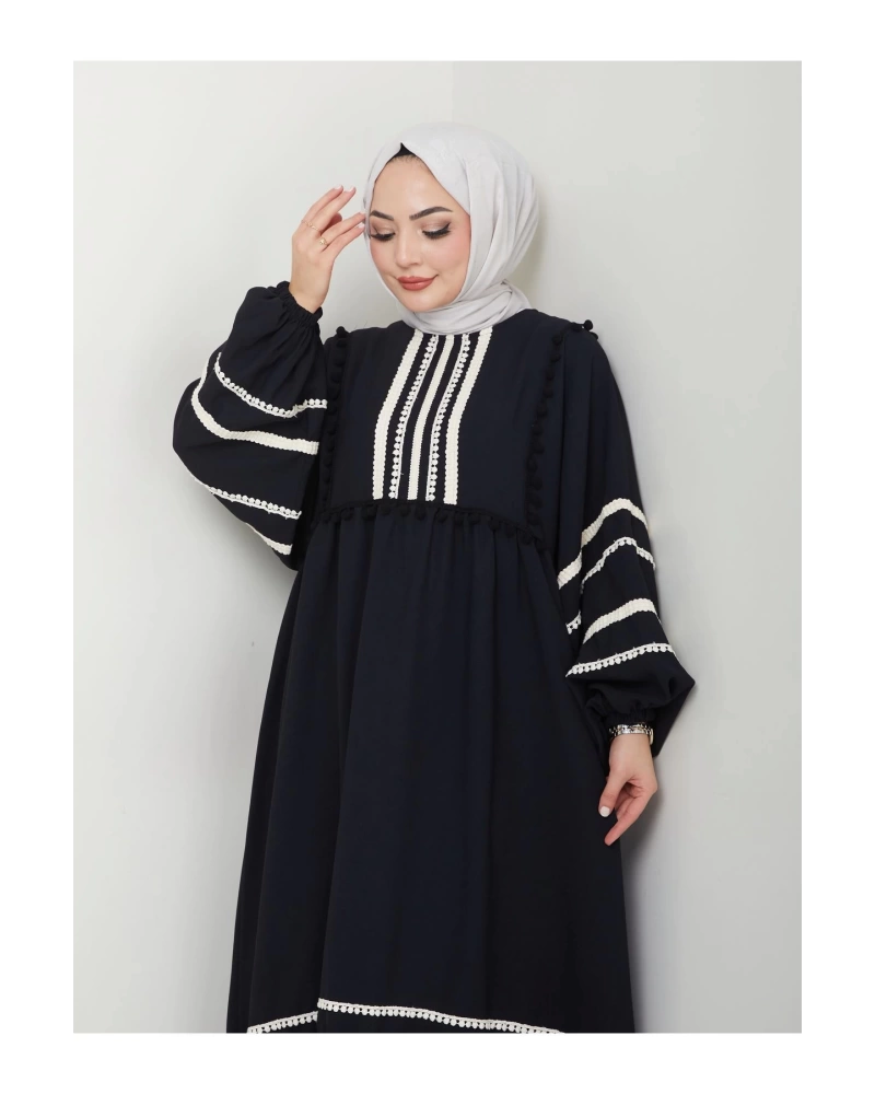 KADIN TESETTÜR DANTELLİ ŞERİT ELBİSE SİYAH