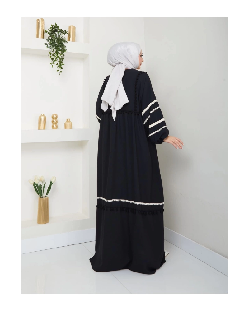 KADIN TESETTÜR DANTELLİ ŞERİT ELBİSE SİYAH