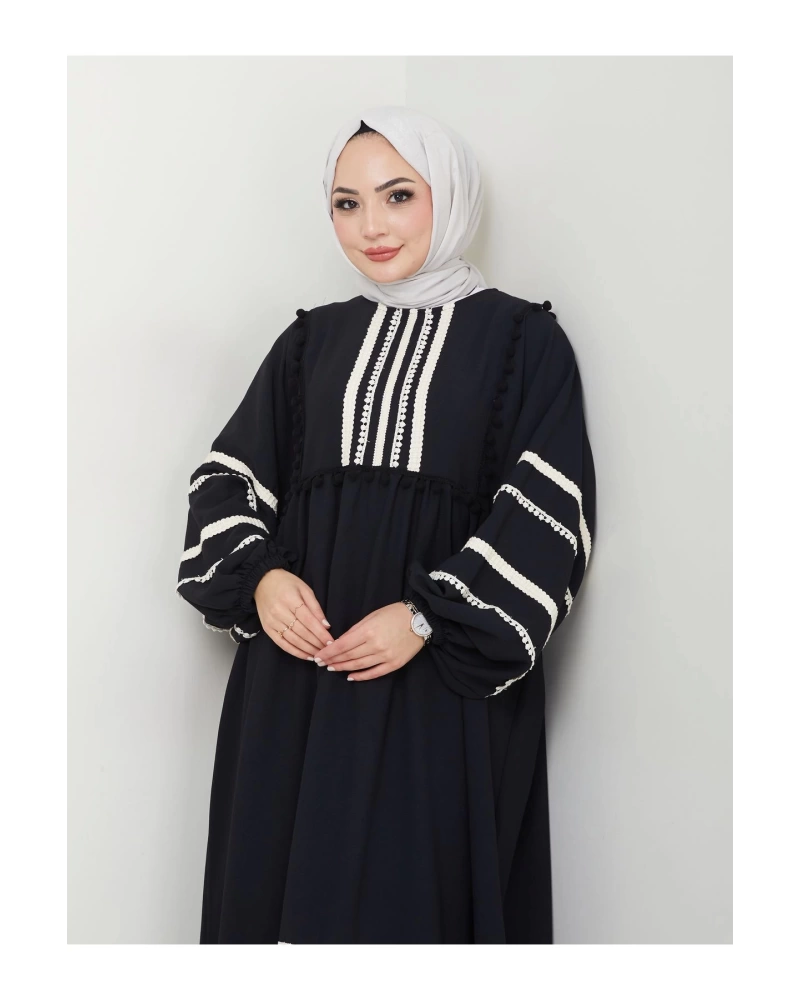KADIN TESETTÜR DANTELLİ ŞERİT ELBİSE SİYAH