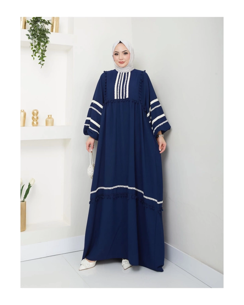 KADIN TESETTÜR DANTELLİ ŞERİT ELBİSE LACİVERT