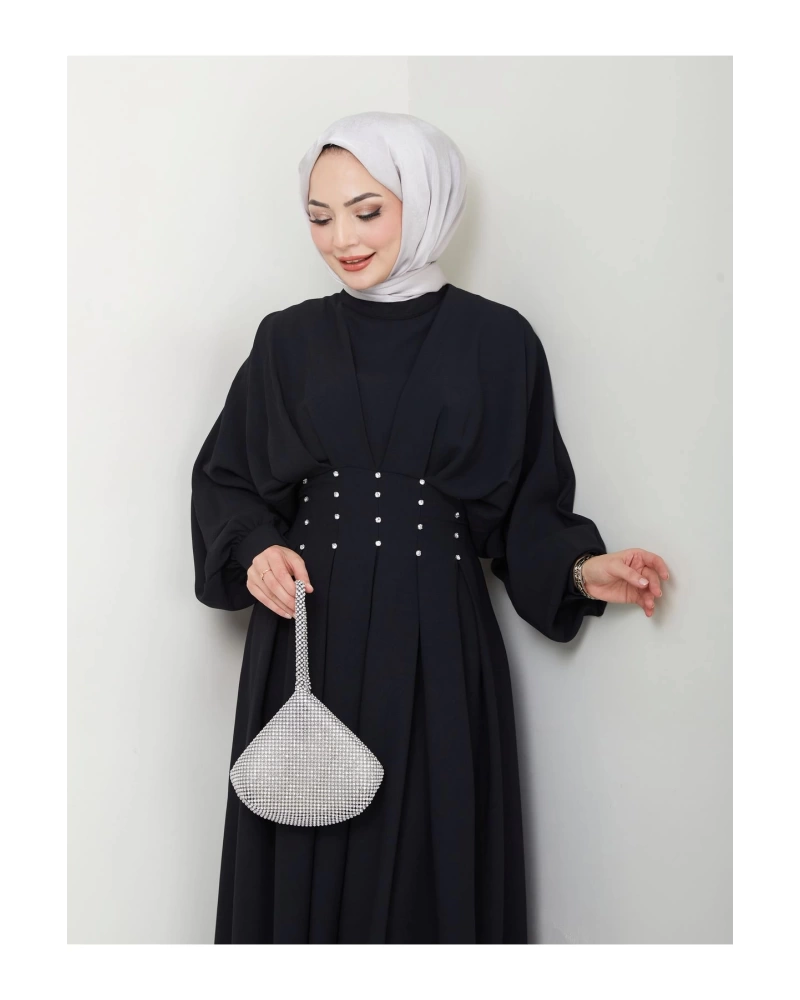 KADIN TESETTÜR TAŞLİ ELBİSE SİYAH