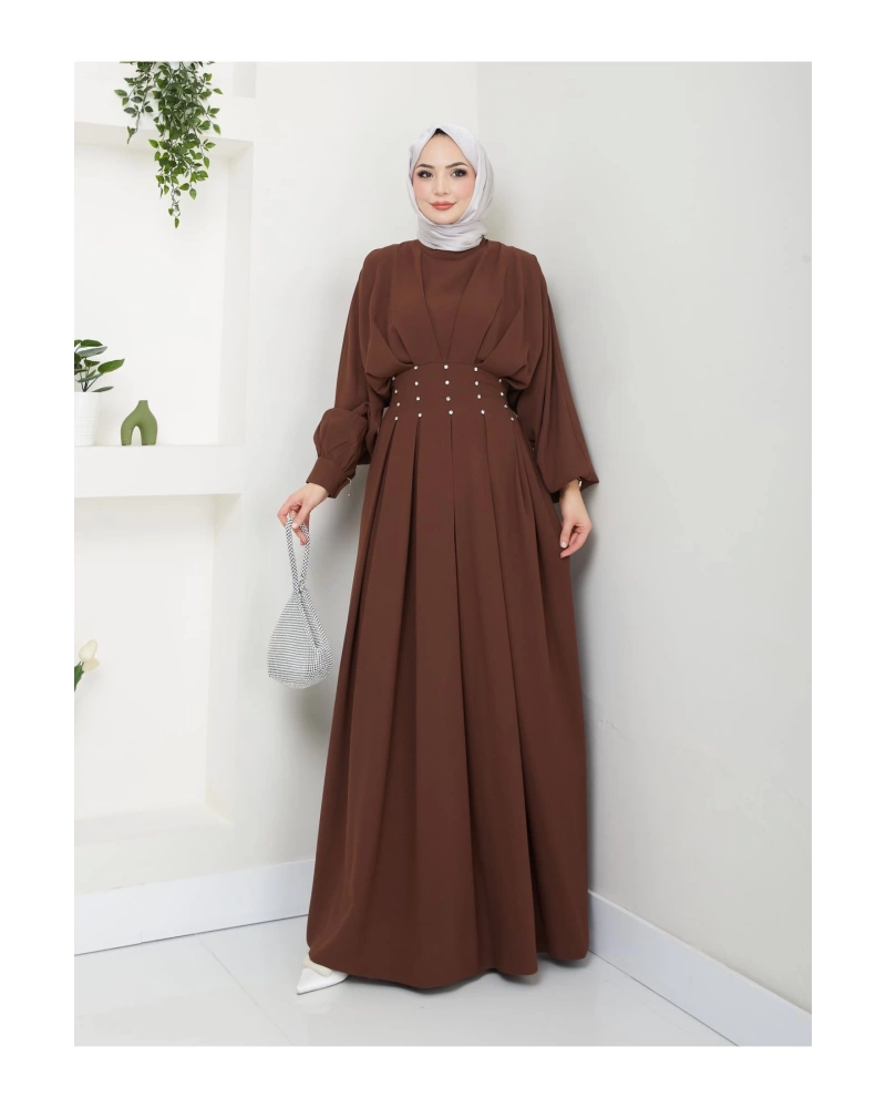 KADIN TESETTÜR TAŞLİ ELBİSE KAHVE