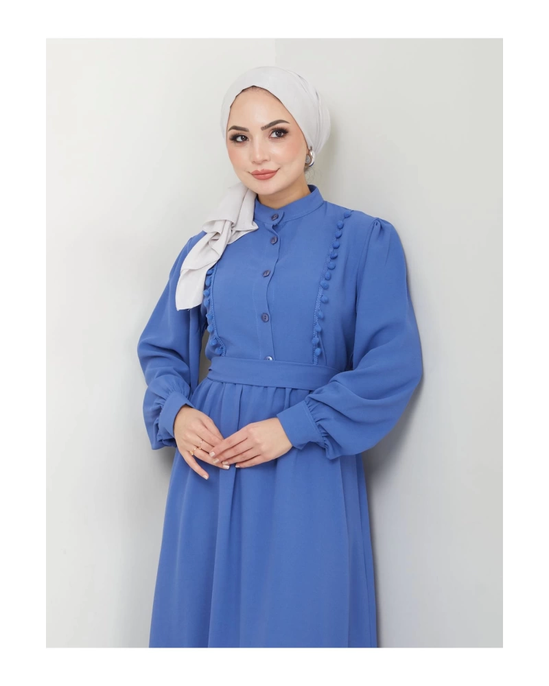 KADIN TESETTÜR DANTELLİ ŞERİT ELBİSE MAVİ