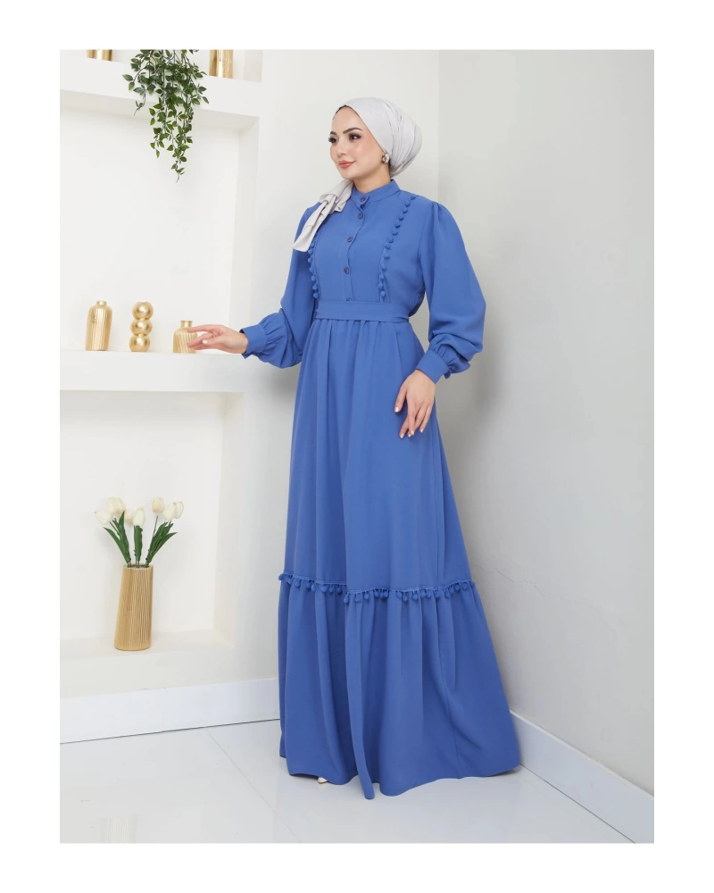 KADIN TESETTÜR DANTELLİ ŞERİT ELBİSE MAVİ