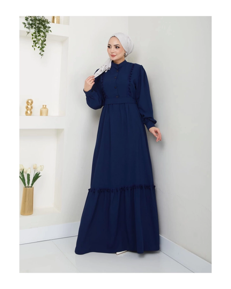 KADIN TESETTÜR DANTELLİ ŞERİT ELBİSE LACİVERT