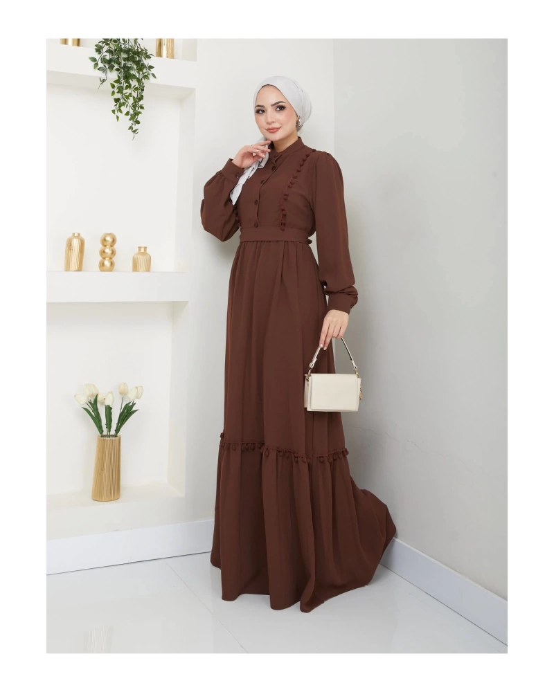 KADIN TESETTÜR DANTELLİ ŞERİT ELBİSE KAHVE