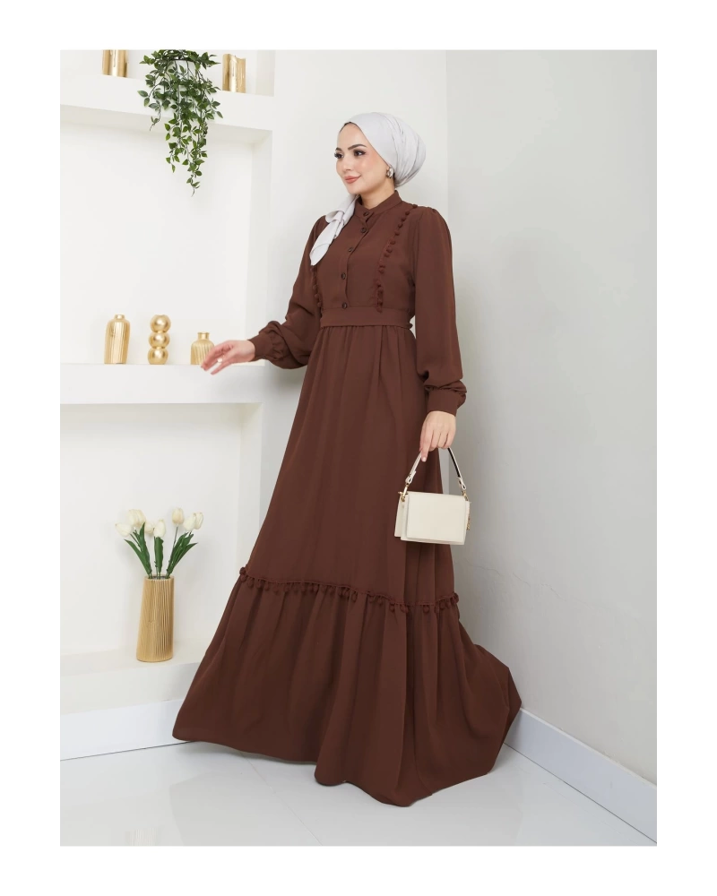 KADIN TESETTÜR DANTELLİ ŞERİT ELBİSE KAHVE