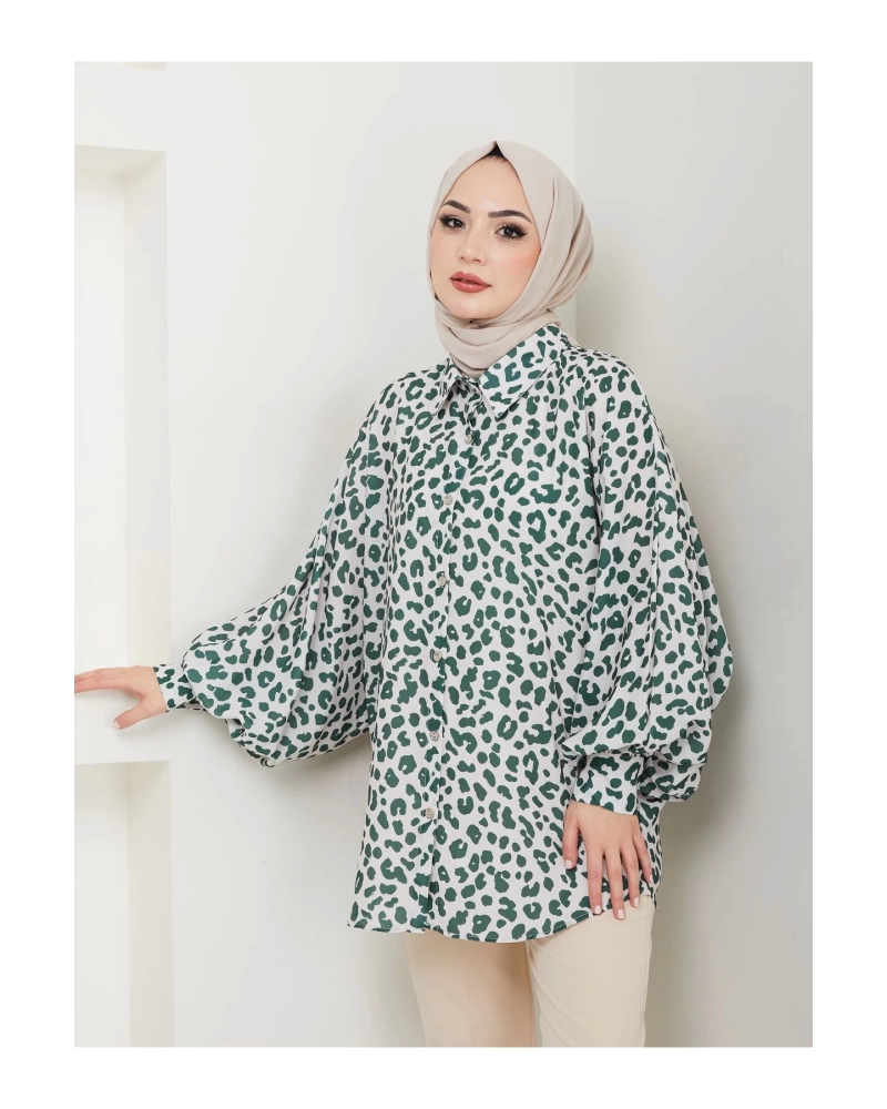 LEOPAR DESENLİ GÖMLEK UZUN KOL 2508 ZÜMRÜT 38 BEDEN