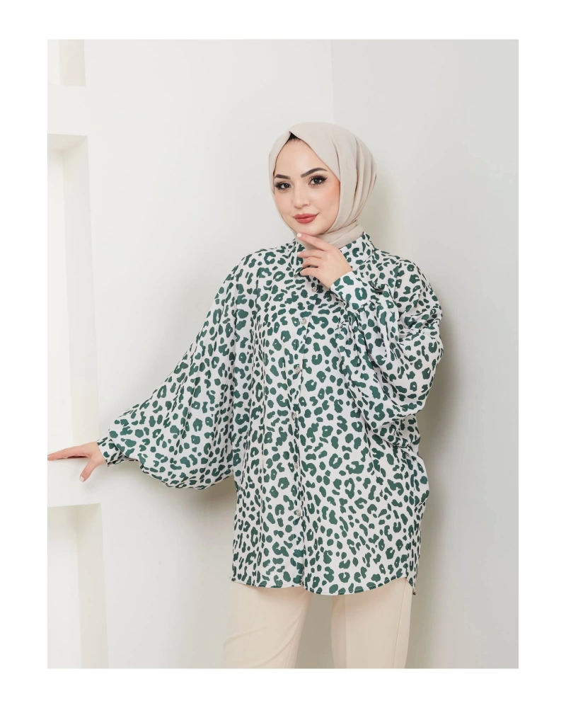 LEOPAR DESENLİ GÖMLEK UZUN KOL 2508 ZÜMRÜT 38 BEDEN