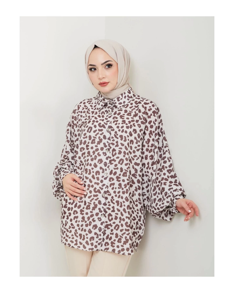 LEOPAR DESENLİ JESİCA GÖMLEK STANDERT BEDEN UZUN KOL 2508 KAHVE