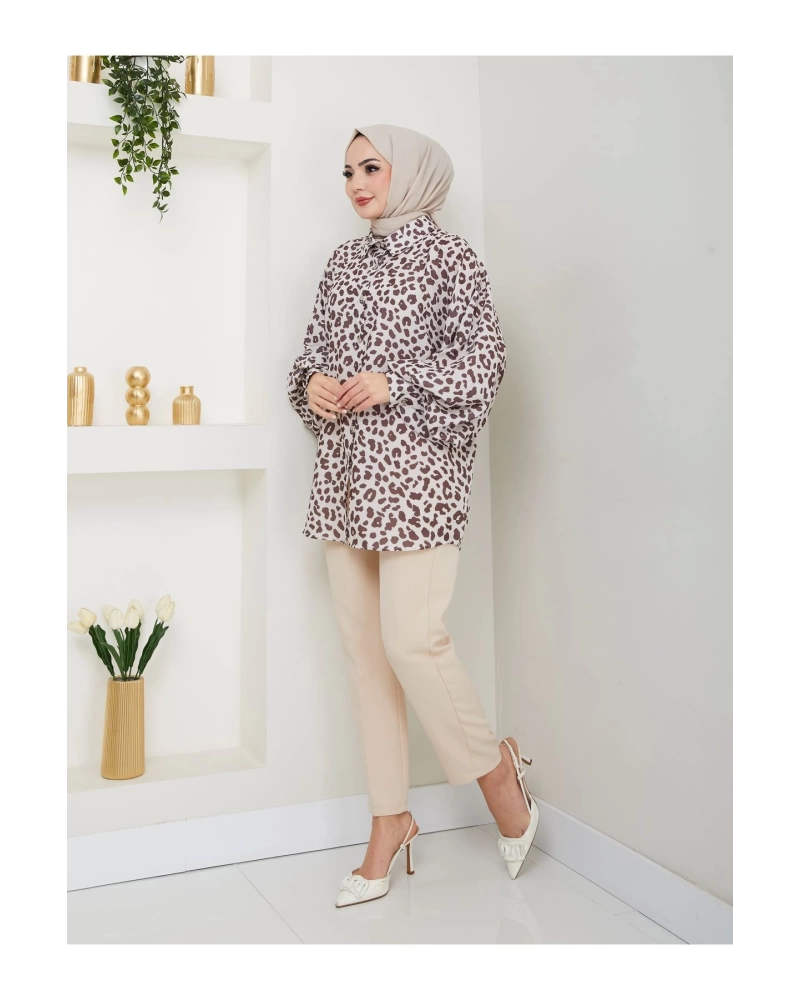 LEOPAR DESENLİ JESİCA GÖMLEK STANDERT BEDEN UZUN KOL 2508 KAHVE
