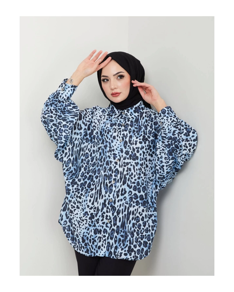Leopar Desenli̇ Jesi̇ca Gömlek Standert Beden Uzun Kol 2508 Laci̇vert