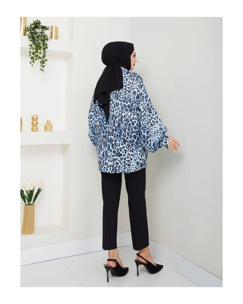 Leopar Desenli̇ Jesi̇ca Gömlek Standert Beden Uzun Kol 2508 Laci̇vert
