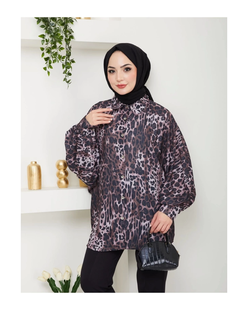 LEOPAR DESENLİ JESİCA GÖMLEK UZUN KOL KOYU KAHVE  BEDEN: 38